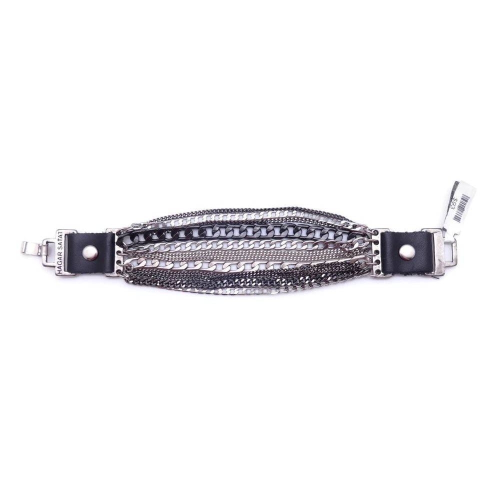 HAGAR SATAT Black & Silver Multi Chain Designed Black Leather Bracelet NWT